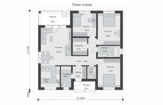 Одноэтажный дом с террасой, тремя спальнями и камином