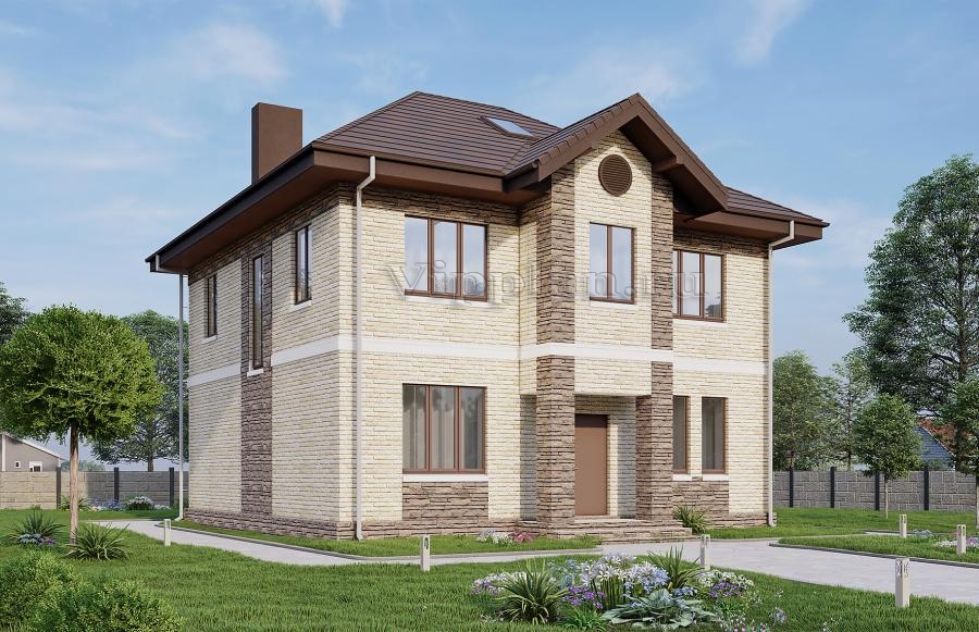 Двухэтажный дом с мансардой, террасой, четырьмя спальнями и отделкой облицовочным кирпичом