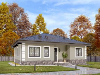 Одноэтажный дом с террасой, тремя спальнями и отделкой штукатуркой.